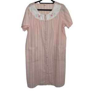 Grandma Nightgown Womens Large Pink Striped Floral House Coat Pearl Snap Closure